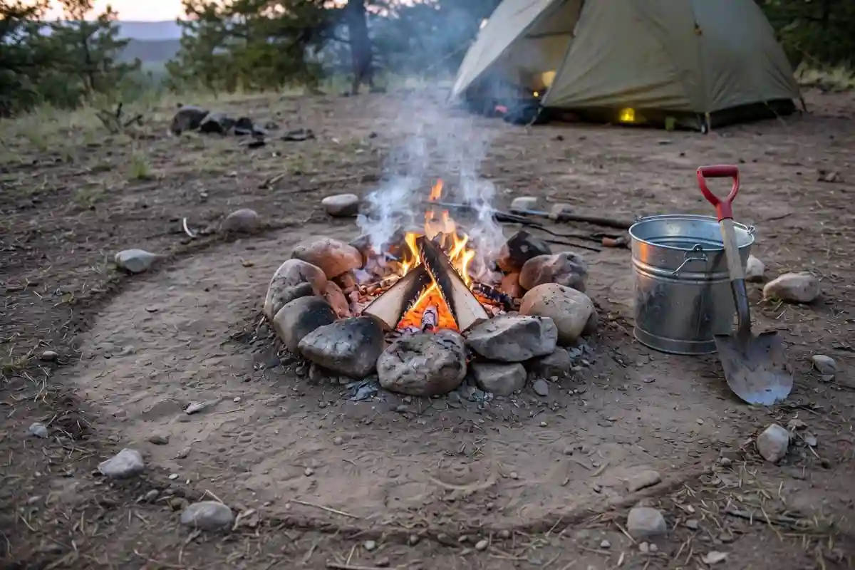 Safe campfire ring with water bucket and shovel nearby