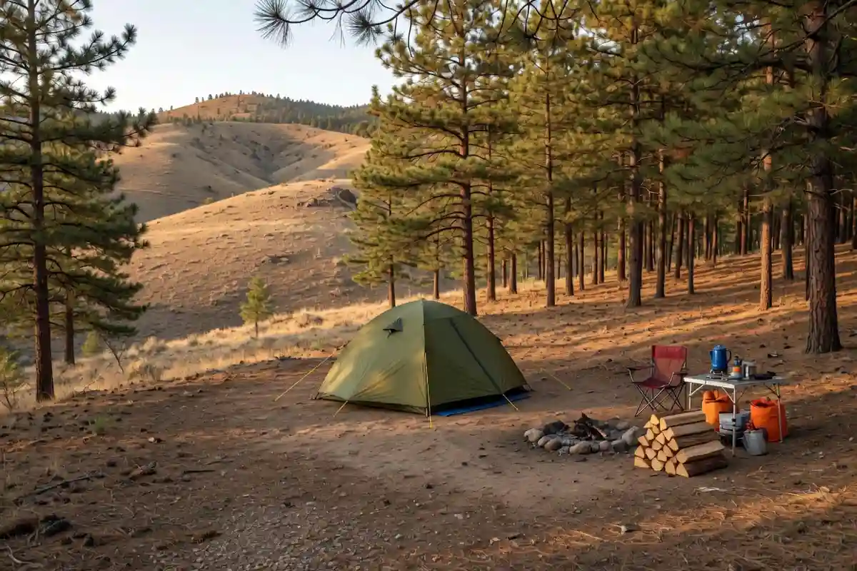 Tent pitched on dry ground away from grass and wildflowers