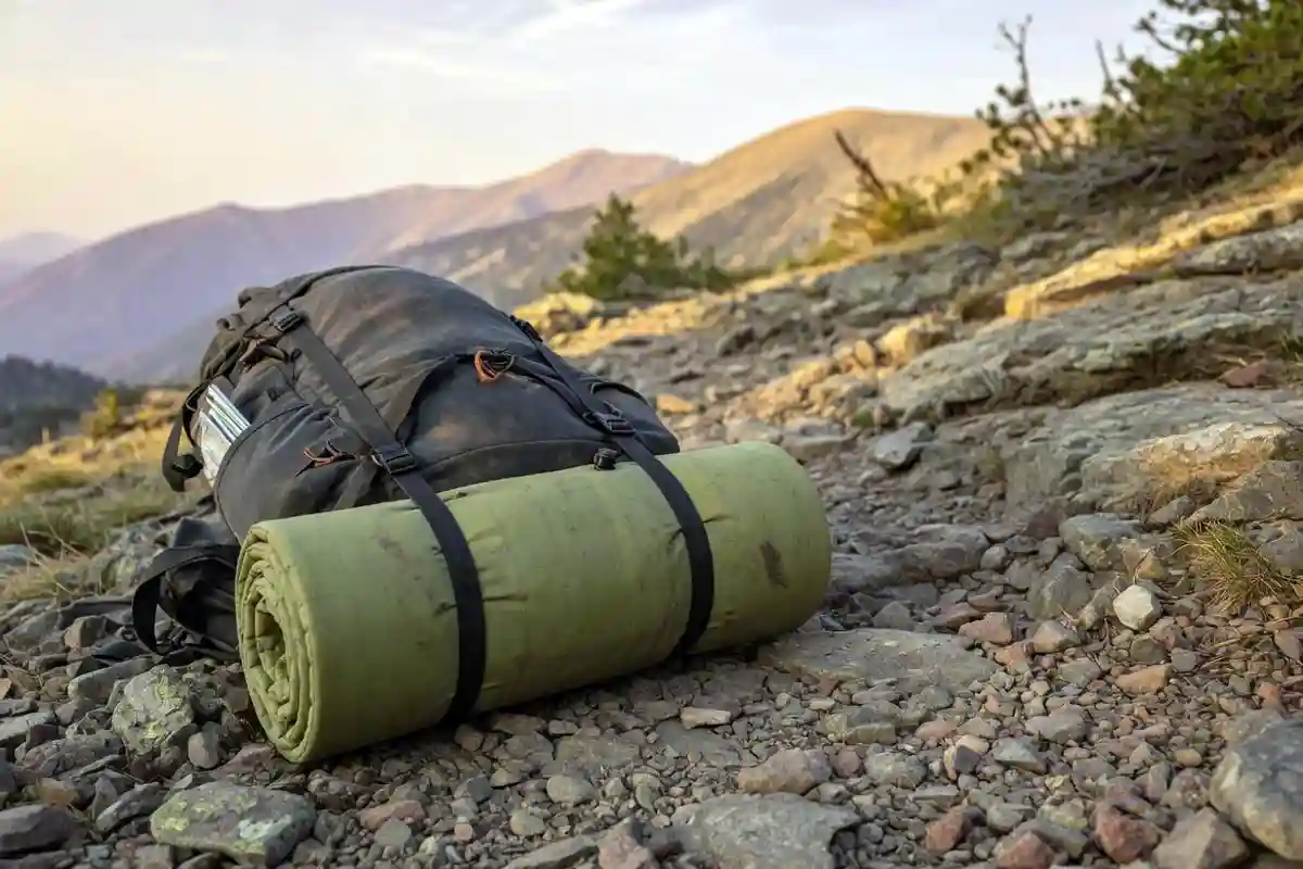 Rolled self-inflating sleeping pad strapped to a backpack on a trail
