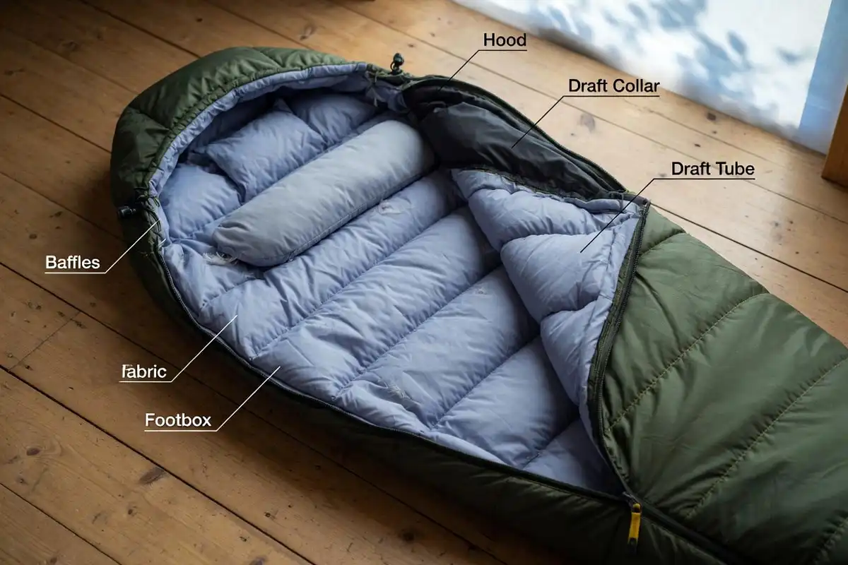Labeled parts of a cold-weather sleeping bag