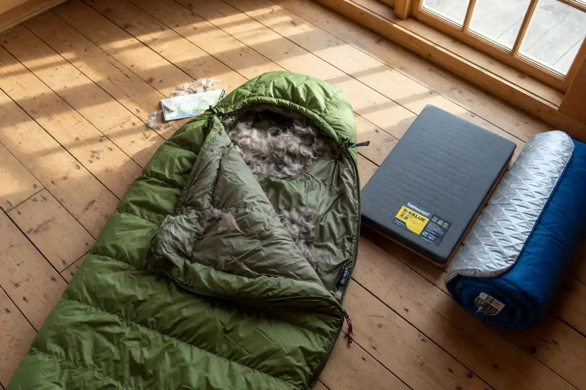 Fluffed down sleeping bag showing full insulation loft