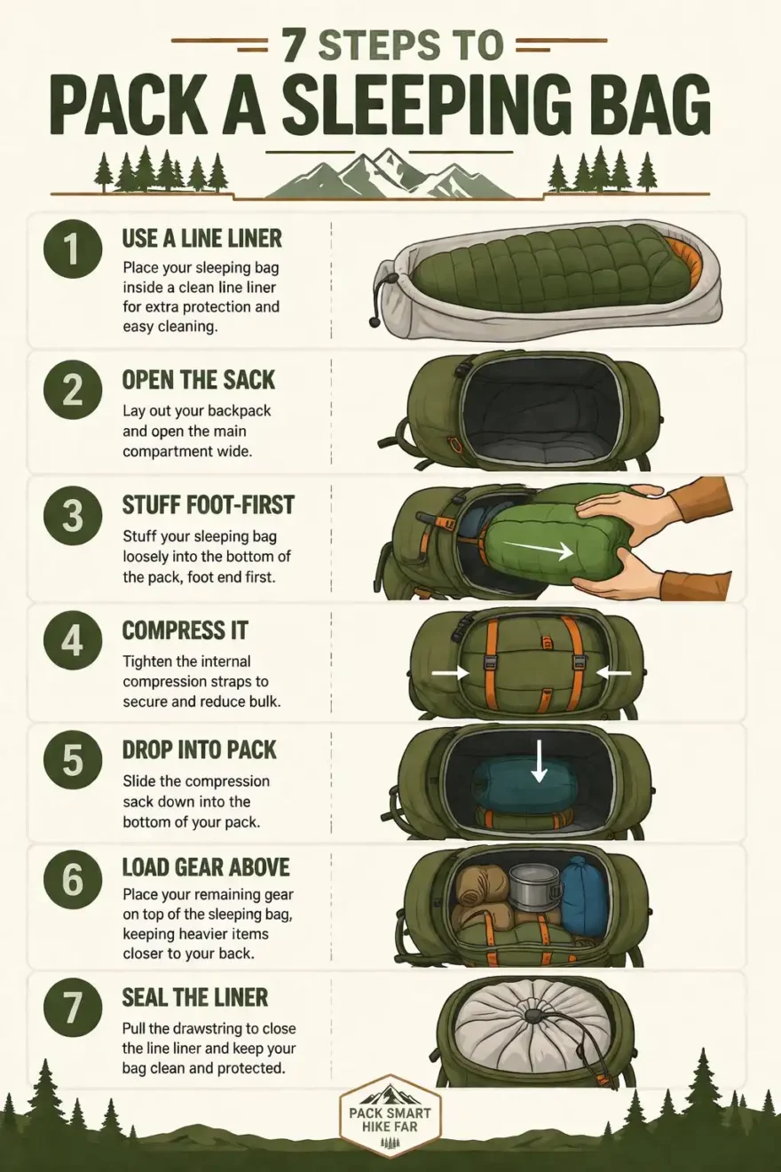 Infographic listed seven steps to pack a sleeping bag inside a hiking backpac