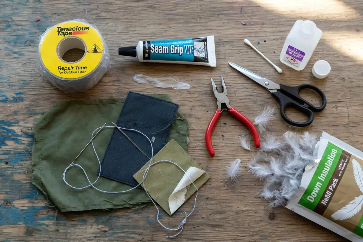 Sleeping bag repair tools flat lay on wooden surface