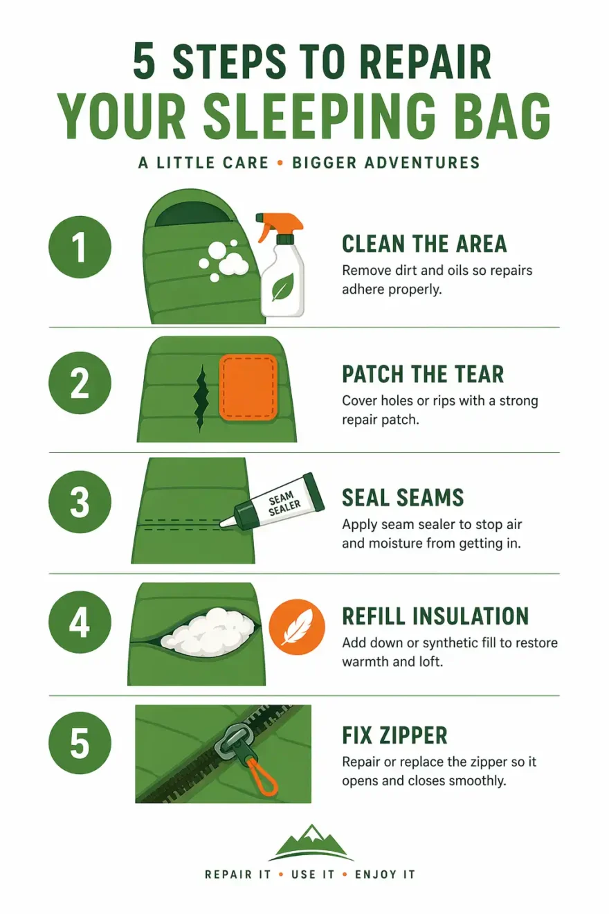 Five-step sleeping bag repair infographic for campers