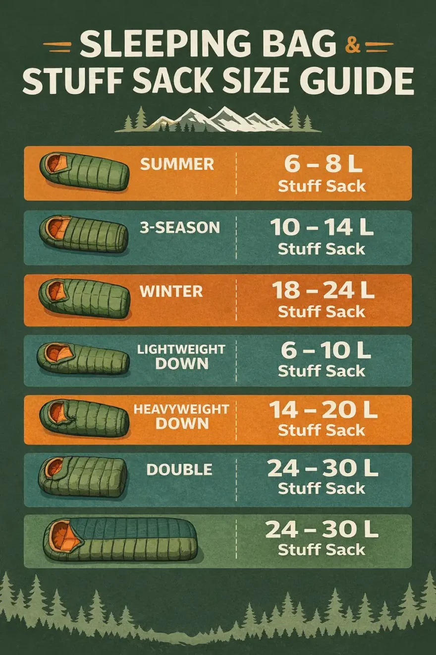 Stuff sack liter size chart for sleeping bags by fill type