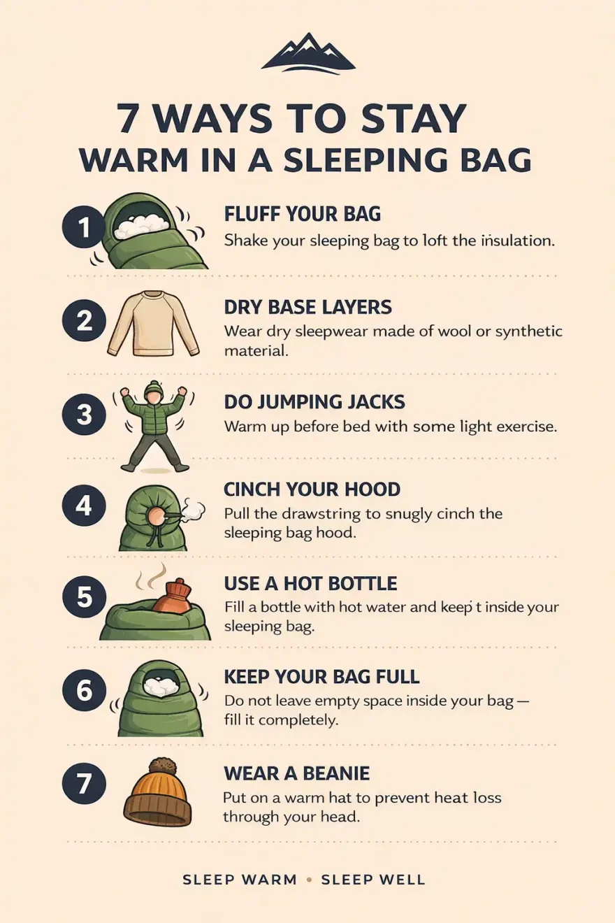 Seven step infographic for staying warm in a sleeping bag