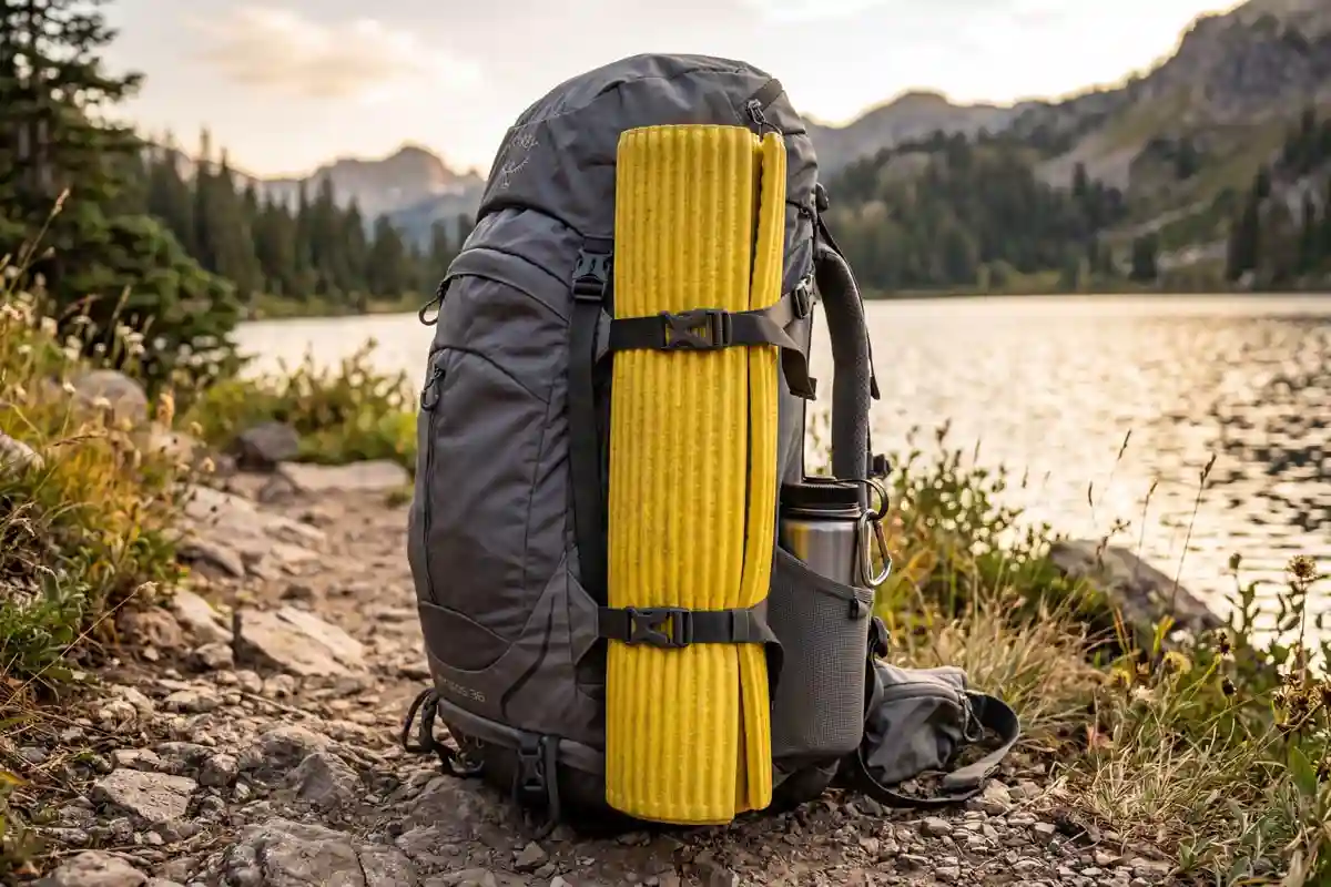 Foam sleeping pad mounted vertically along the side compression straps of a backpack
