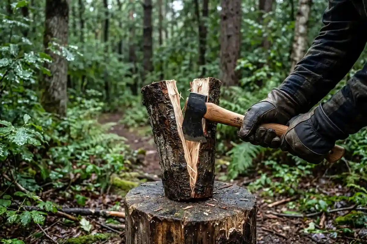 Camper splitting a wet log to reach dry heartwood inside