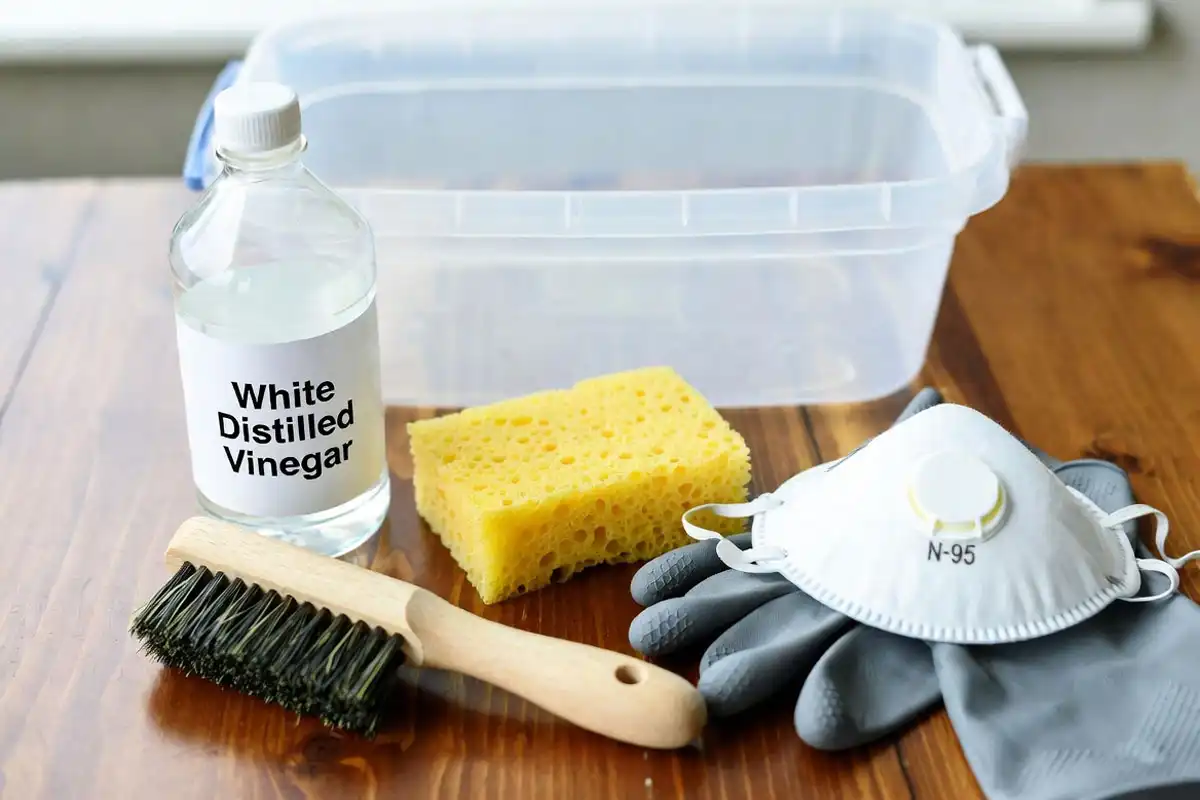 White vinegar soft brush sponge rubber gloves and basin for tent cleaning