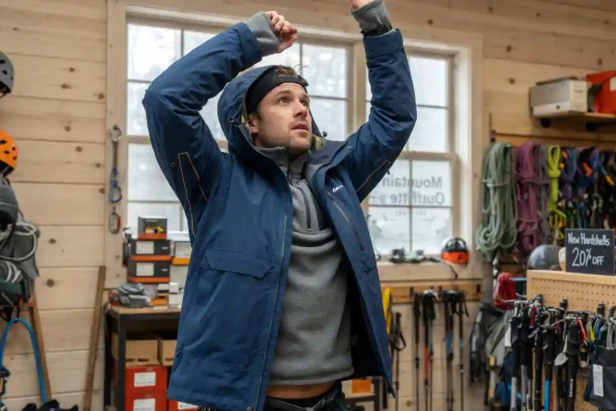 Climber checking shell fit over base layer and midlayer in a gear shop