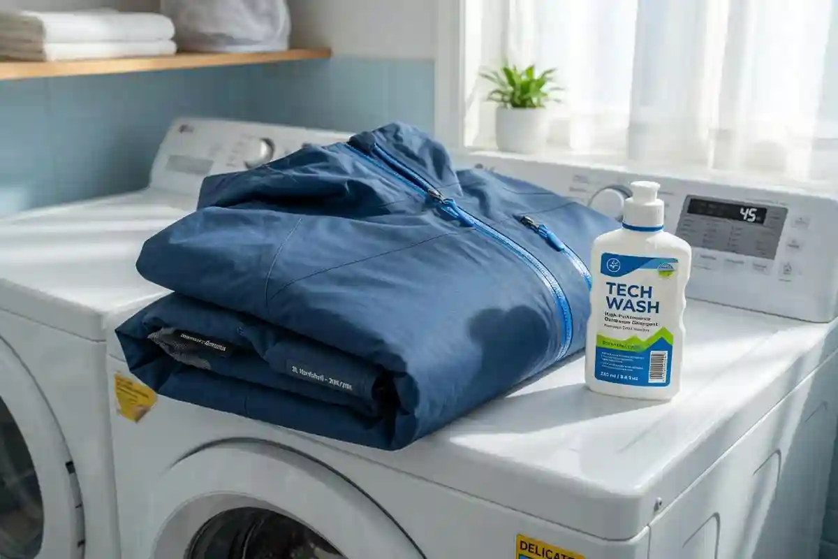 Hardshell jacket and Nikwax Tech Wash bottle next to a front-load washing machine