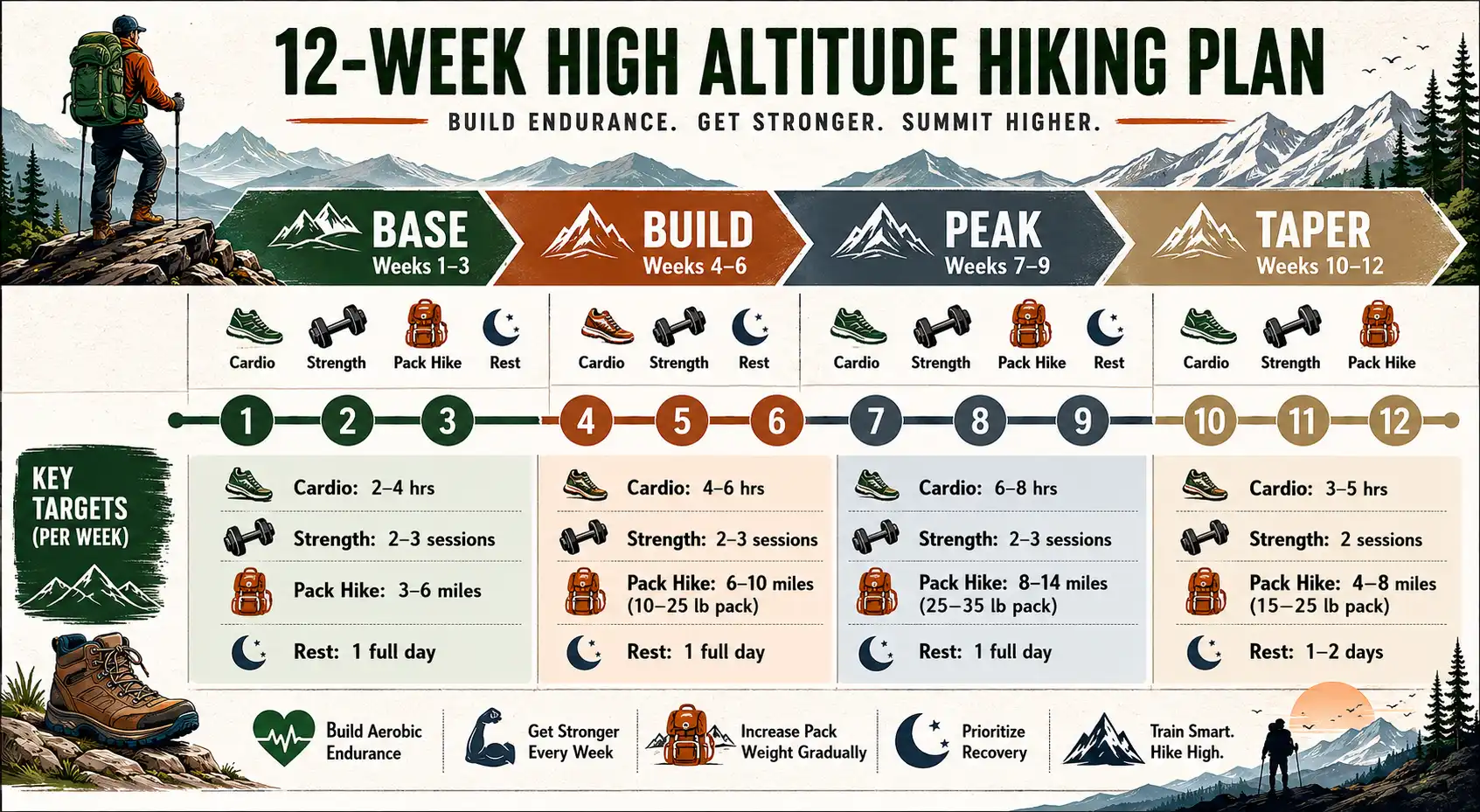 Infographic of a 12 week training schedule for high altitude hiking with cardio, strength, and pack hikes
