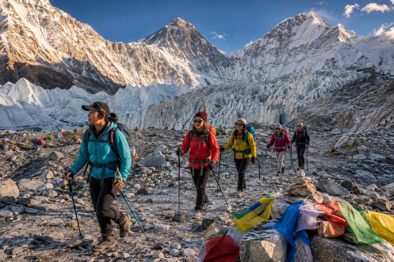 All female climbing team trekking toward Everest base camp with loaded backpacks and trekking poles