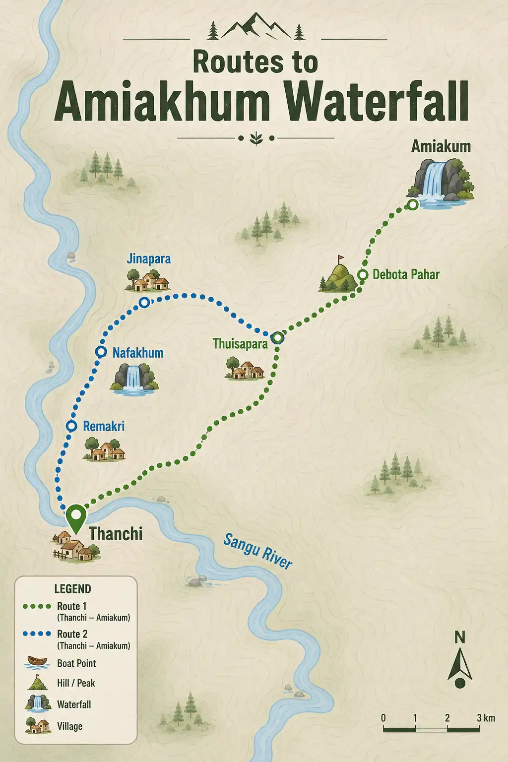 Infographic map of two trekking routes from Thanchi to Amiakhum Waterfall via Padma Jhiri and via Remakri and Nafakhum