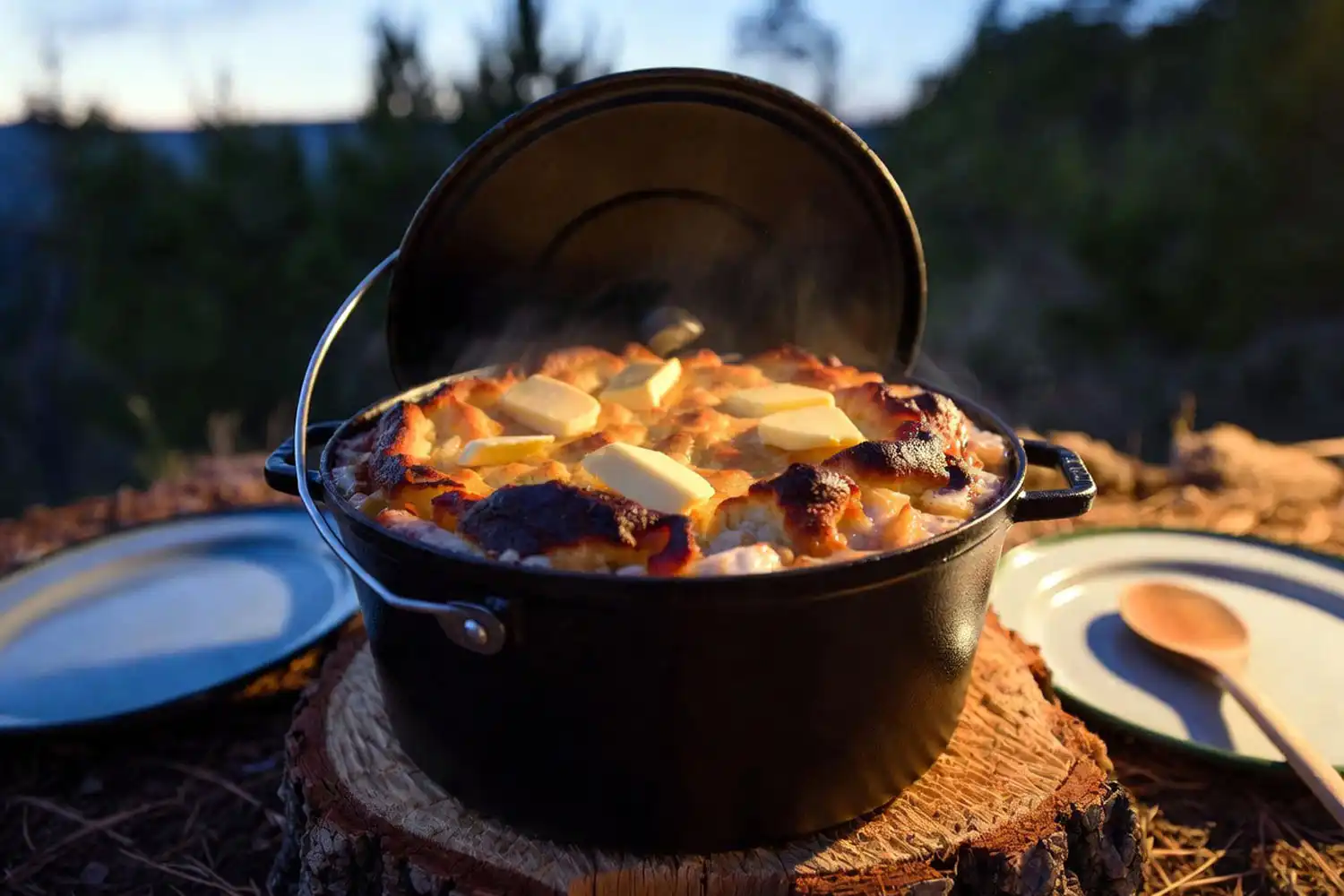 Bubbling apple cobbler with golden cake mix topping inside a cast iron dutch oven at camp