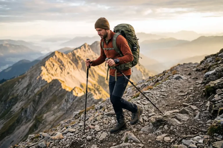 Hiker descending mountain trail with two trekking poles