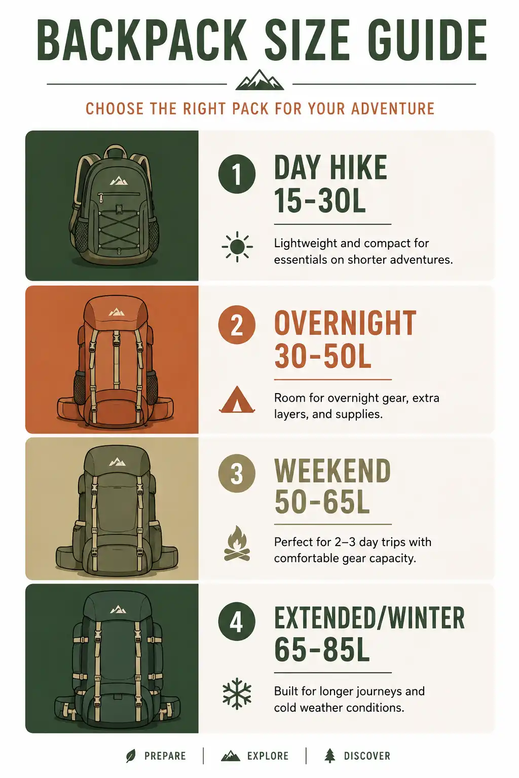 Infographic chart of recommended hiking backpack liter capacity for day hikes, overnight, weekend, and extended trips