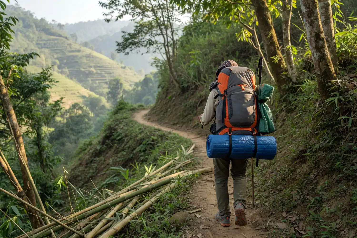 A solo hiker walking a forest trail with a rolled sleeping pad secured horizontally to the bottom of a backpacking pack