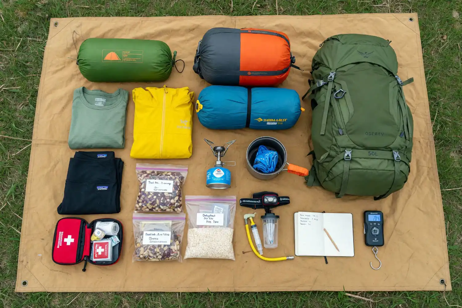 Flat lay of organized backpacking gear including tent, sleeping bag, stove, food, clothing, and backpack ready to be weighed