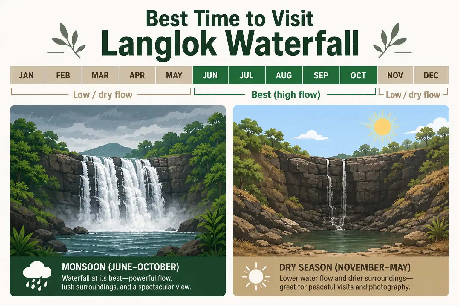 Infographic of Langlok Waterfall water flow across monsoon and dry seasons with June to October marked as best