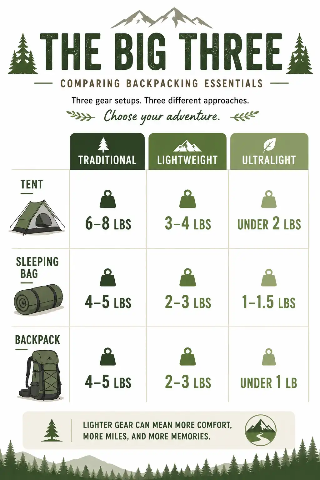 Infographic comparing tent, sleeping bag, and backpack weights for traditional, lightweight, and ultralight setups