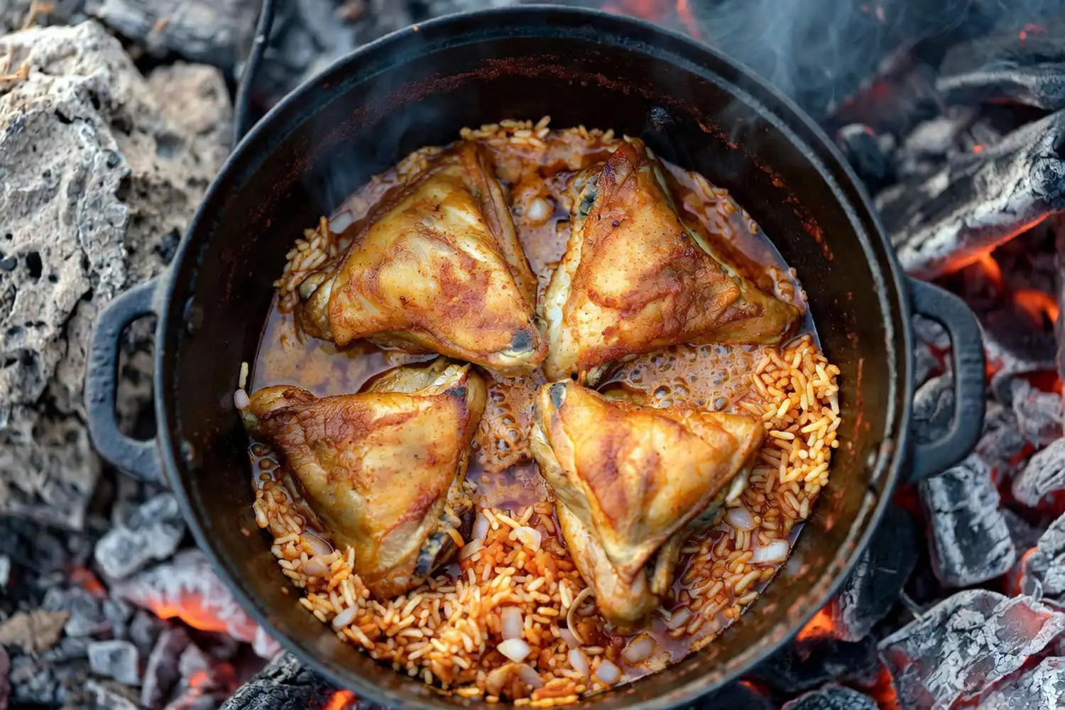 Browned bone-in chicken thighs resting on seasoned rice inside a cast iron dutch oven at a campsite