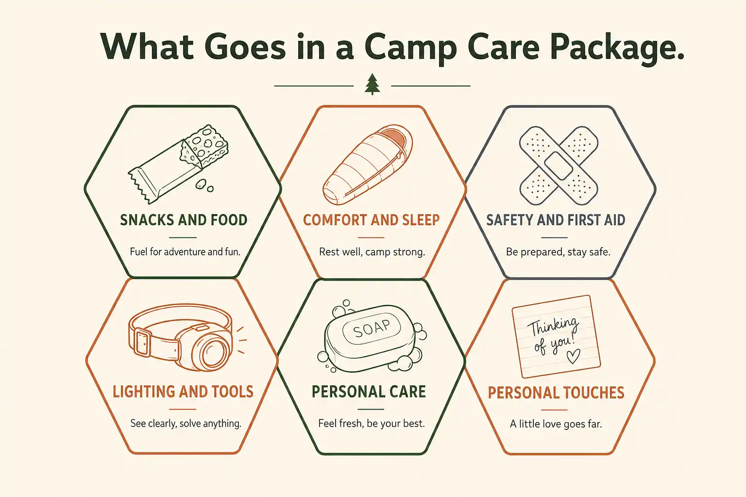 Infographic of six main categories of items to include in a camp care package with simple icons and short labels