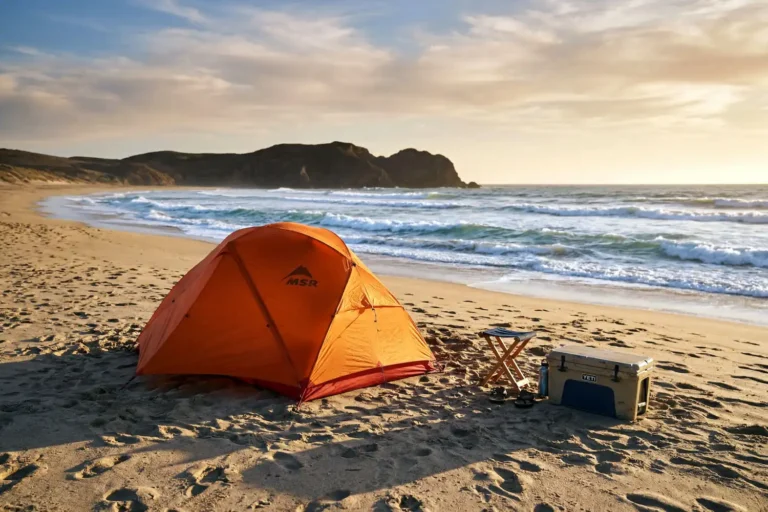 Orange dome tent set up on a sandy beach above the high tide line during golden hour sunset over the ocean