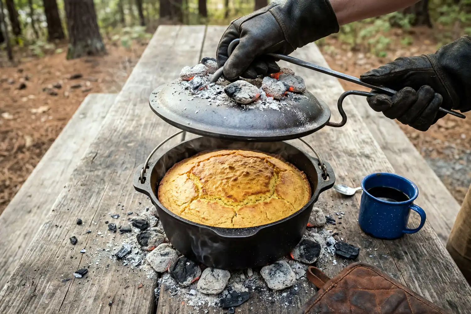 Camper lifting a cast iron dutch oven lid to reveal golden cornbread baked over campfire coals