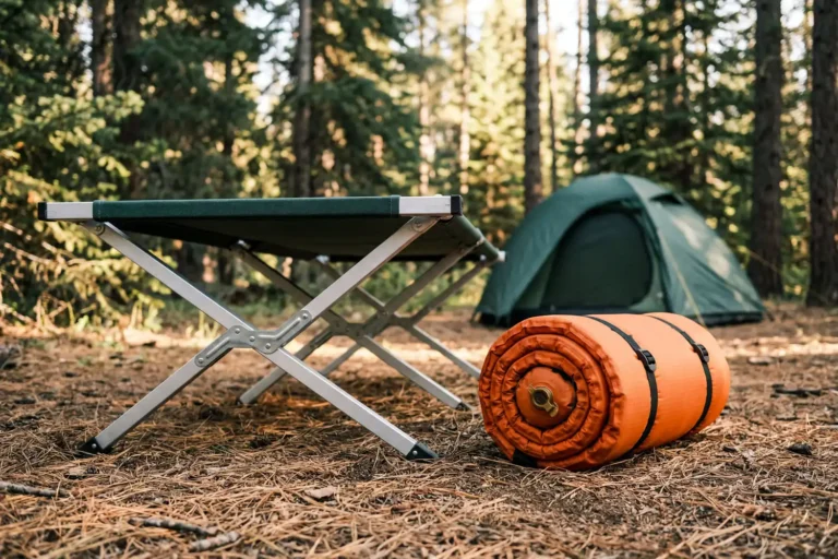 Camping cot and sleeping pad side by side at campsite