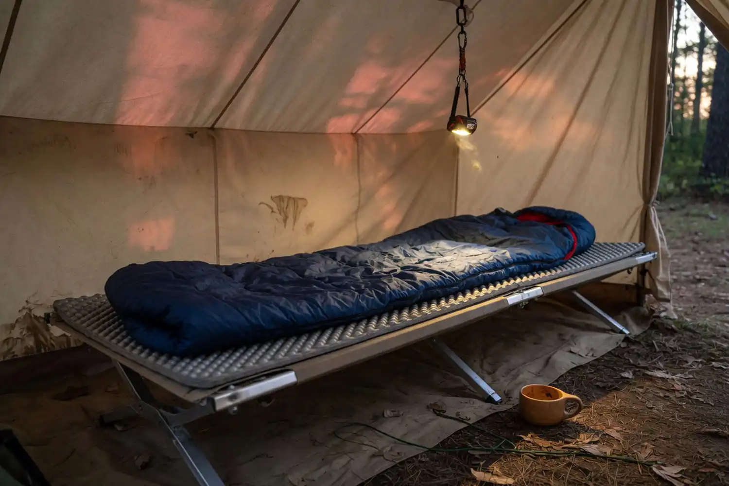 A camping cot with a sleeping pad on top and an unrolled sleeping bag set up inside a roomy canvas tent at a wooded campsite