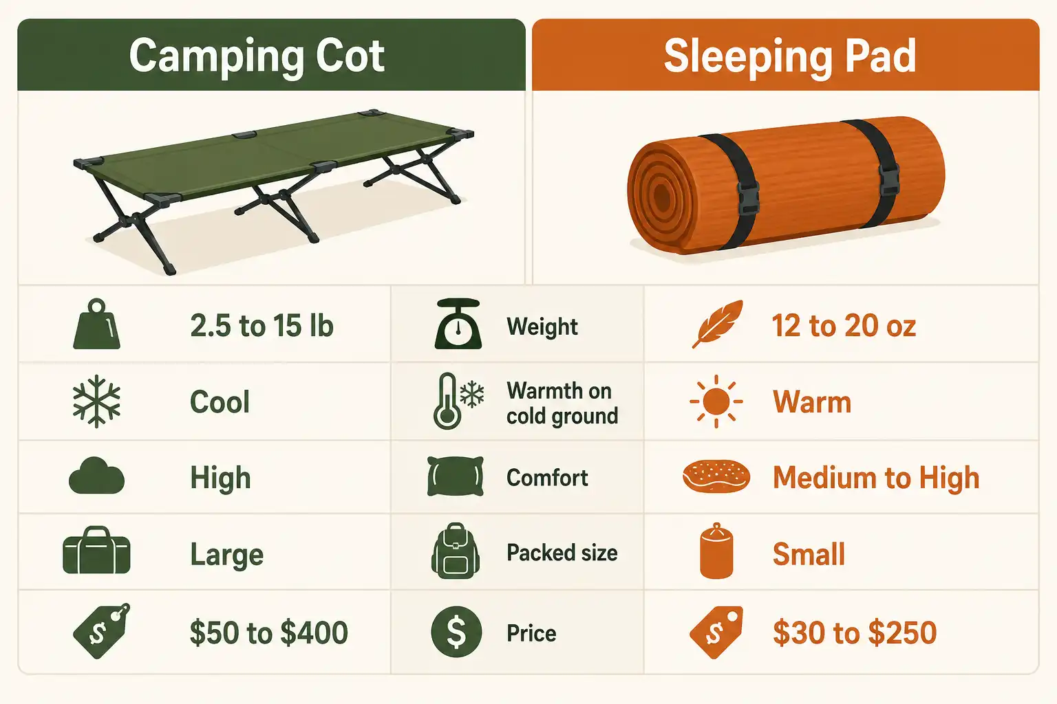 Infographic comparing camping cot and sleeping pad across weight, warmth, comfort, packed size, and price