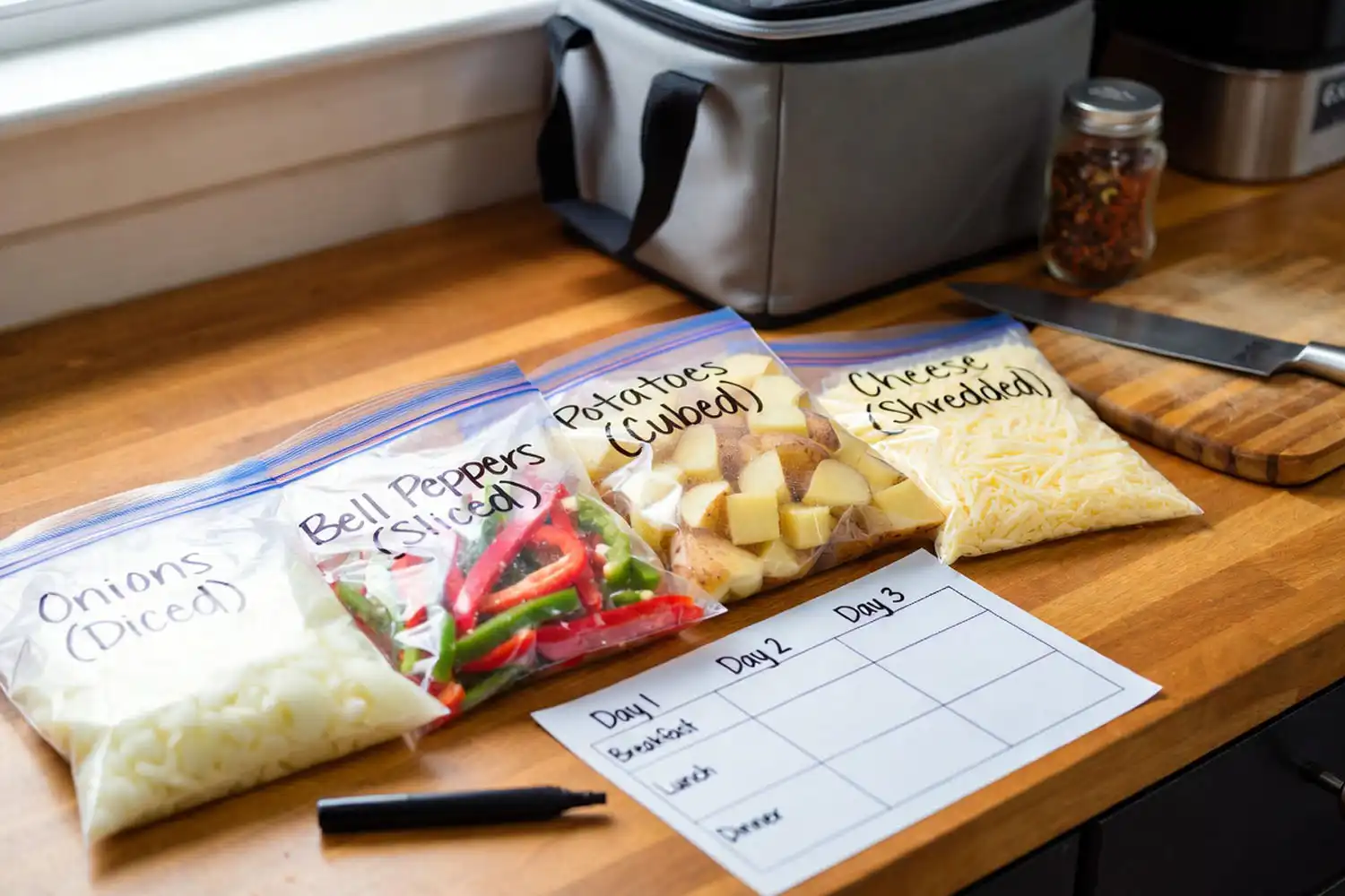 Kitchen counter with chopped onions peppers and potatoes in labeled zip top bags next to a meal planning sheet for a family camping trip