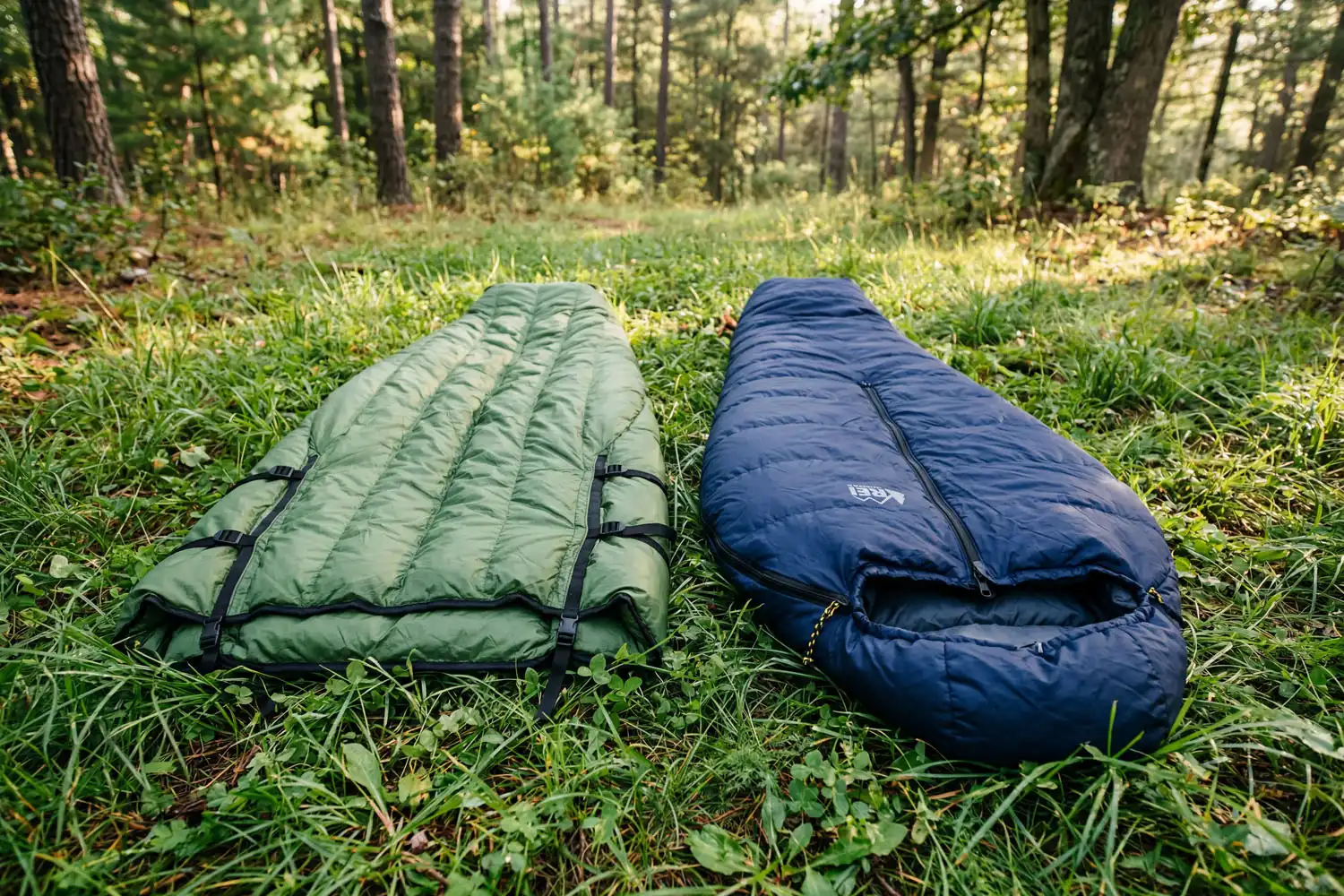 Camping quilt and mummy sleeping bag laid flat side by side on green grass for comparison