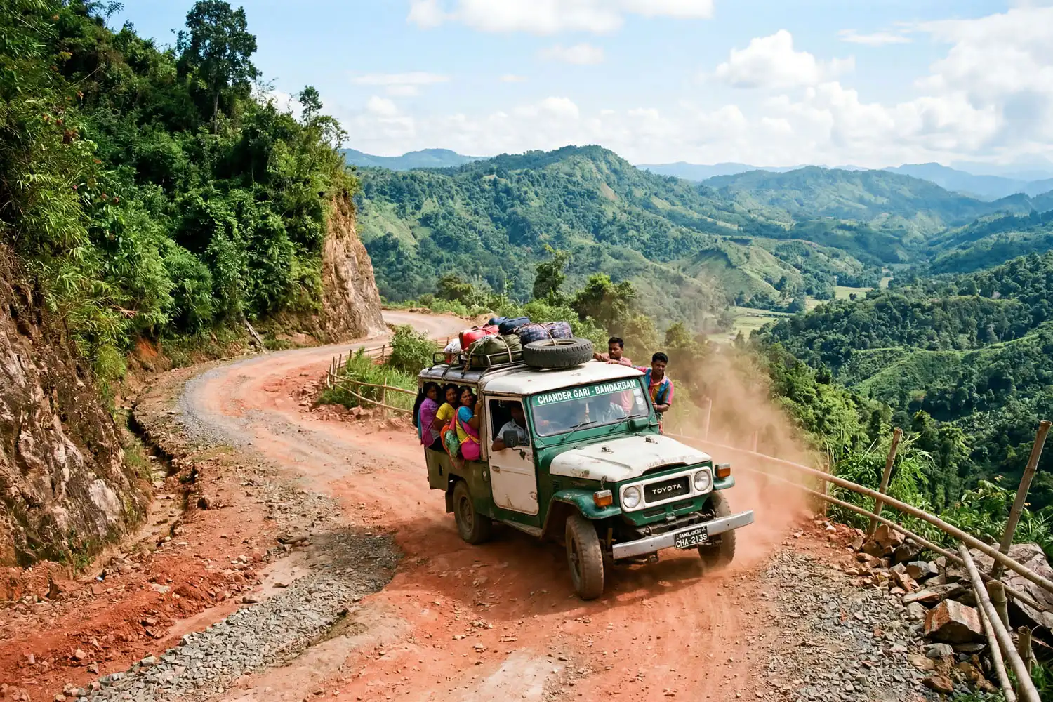 A Chander Gari jeep carrying travelers along a steep winding hill road toward Ruma in Bandarban