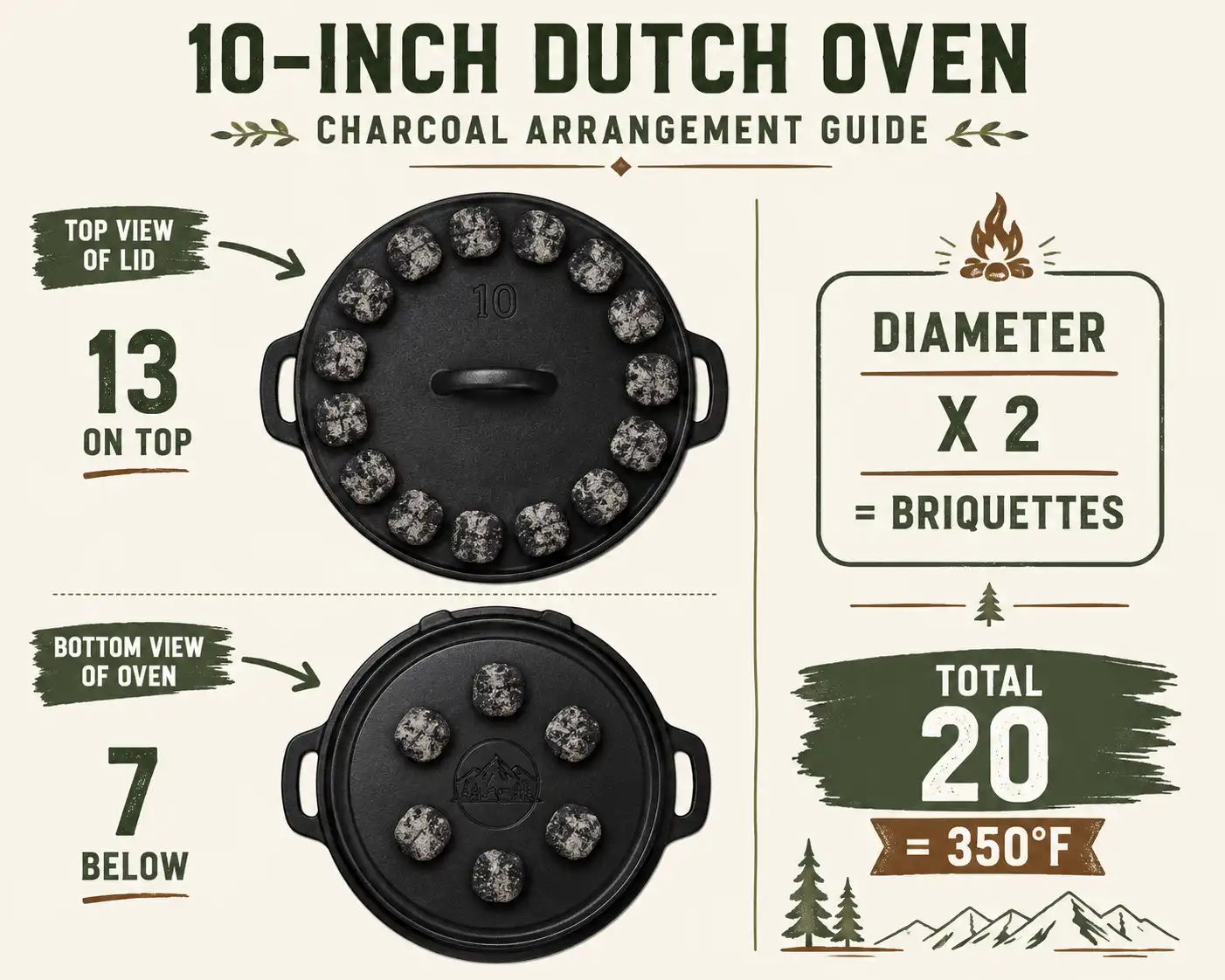 Infographic of briquette placement on top and bottom of a dutch oven for 350 degrees Fahrenheit baking