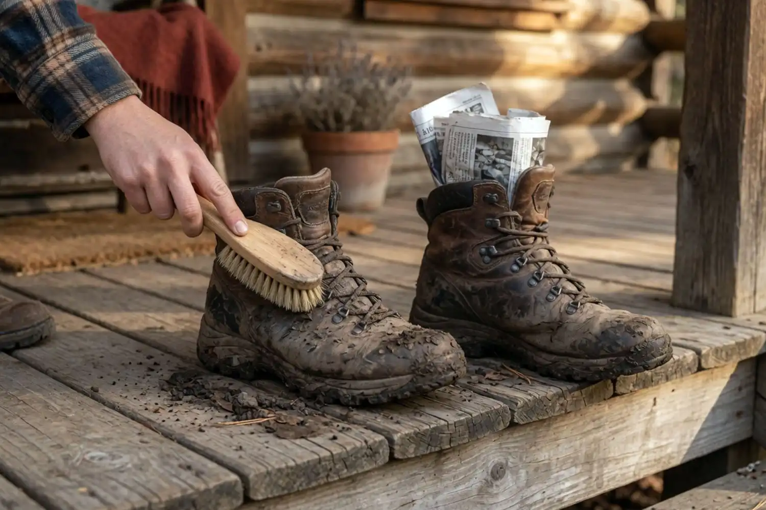 Hiking boots being brushed clean and stuffed with newspaper for slow drying on a wooden porch
