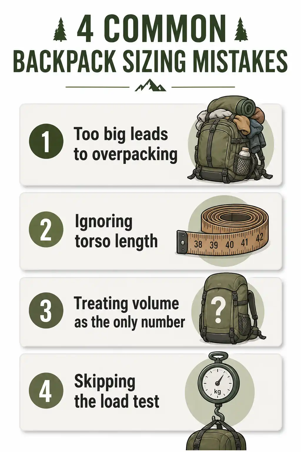 Infographic listing four common hiking backpack sizing mistakes with simple icon illustrations