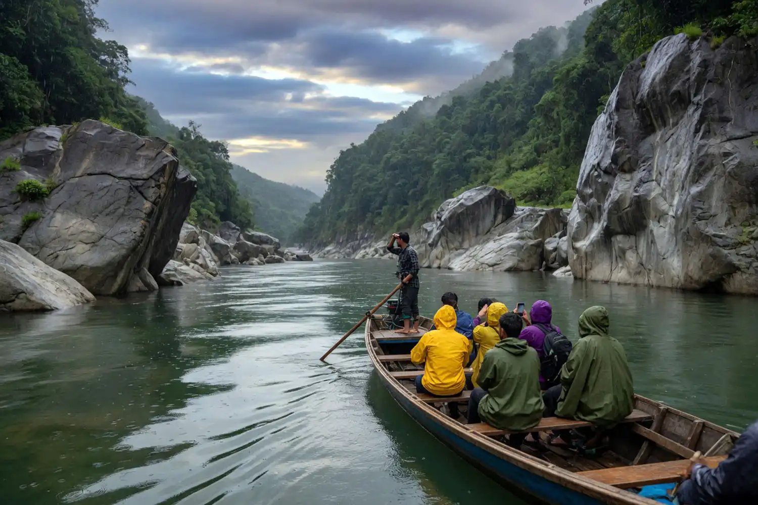 A wooden country boat carrying travelers up the Sangu River past large rock formations on the way to Kumari Waterfall in Thanchi