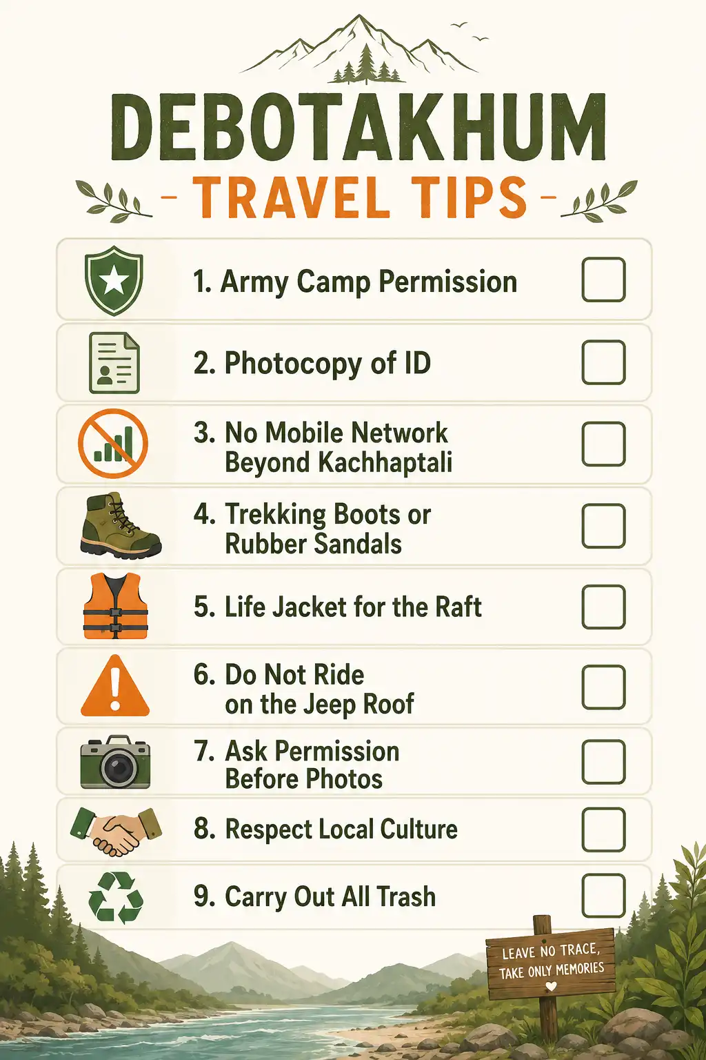 Safety and packing checklist infographic with key tips for visiting Debotakhum including army permission, ID photocopy, life jacket, and trekking boots