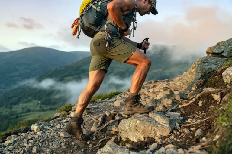 Hiker climbing steep mountain trail with strong legs