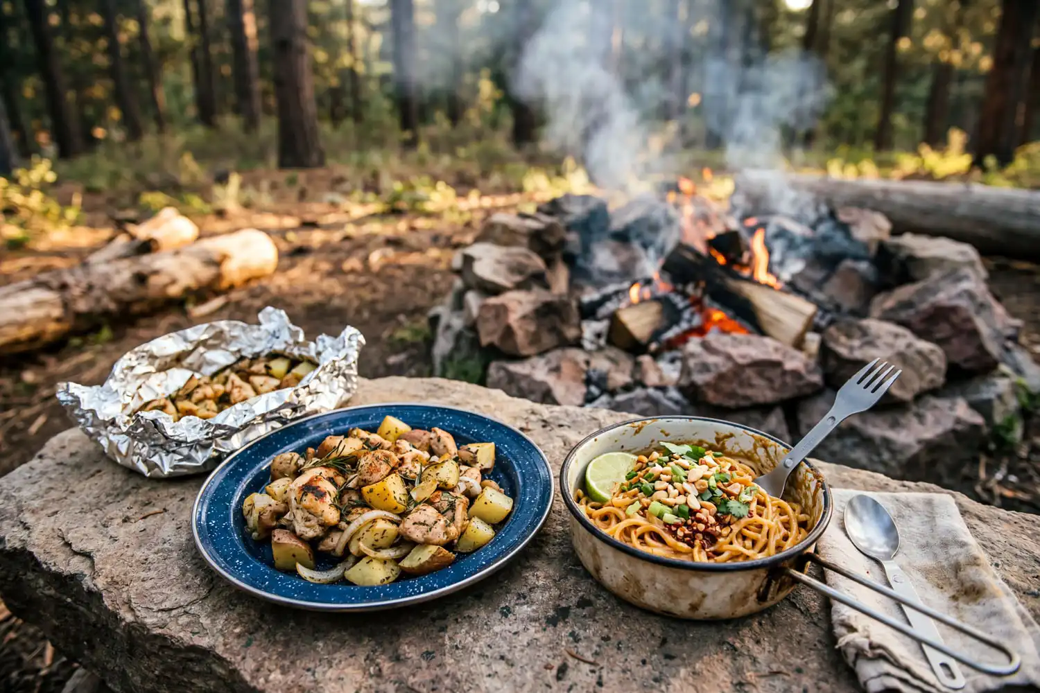 Two person weekend camp meal spread on flat stone