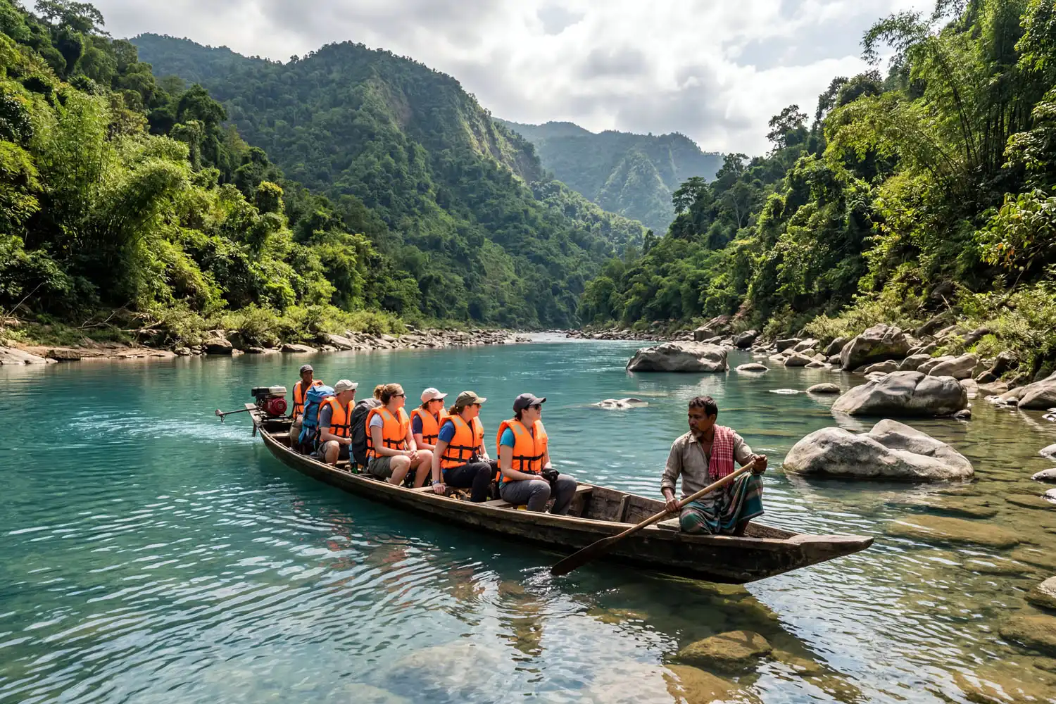 Small engine boat carrying trekkers along the Sangu River past large rocks on the way to Remakri