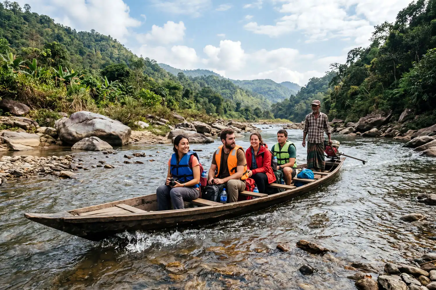Small wooden engine boat carrying travelers up the Sangu River past large rocks on the way to Remakri in Bandarban