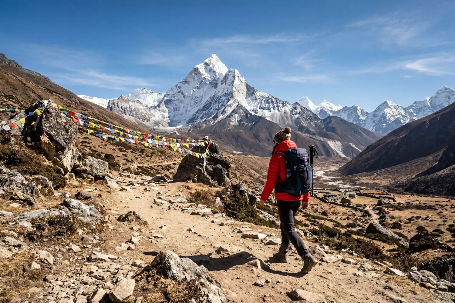 Everest Base Camp trekking trail with Ama Dablam