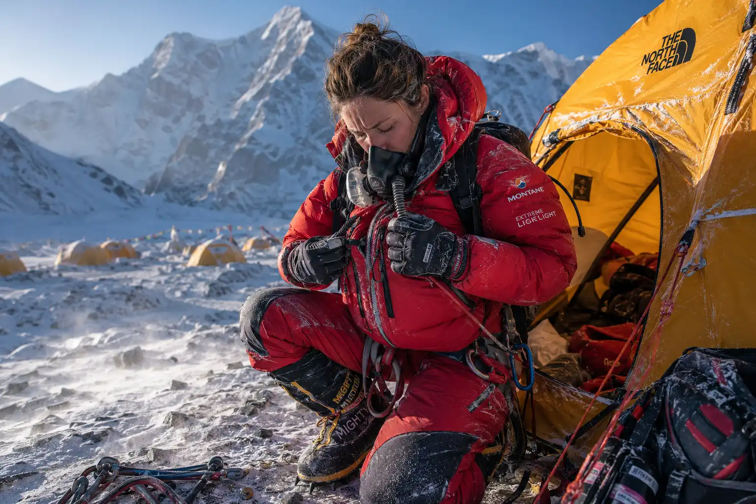 Woman mountaineer checking down suit and oxygen system at high altitude Everest camp with tents and snow
