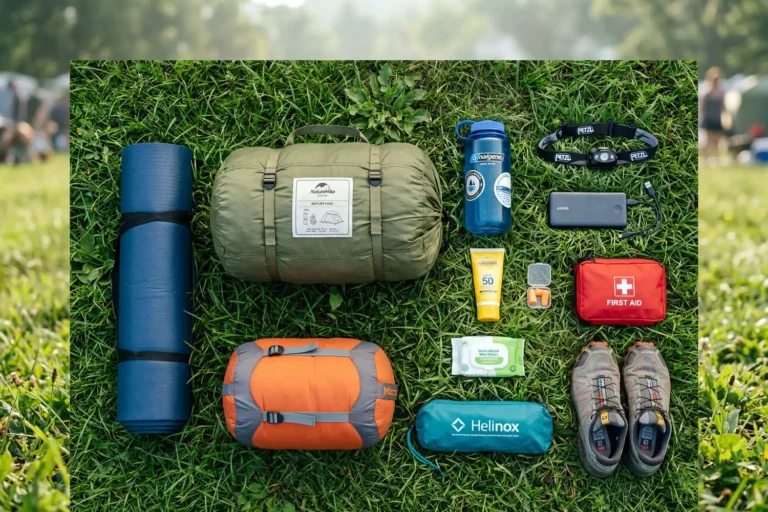 Festival camping essentials including tent, sleeping bag, headlamp, water bottle, sunscreen, and earplugs on grass