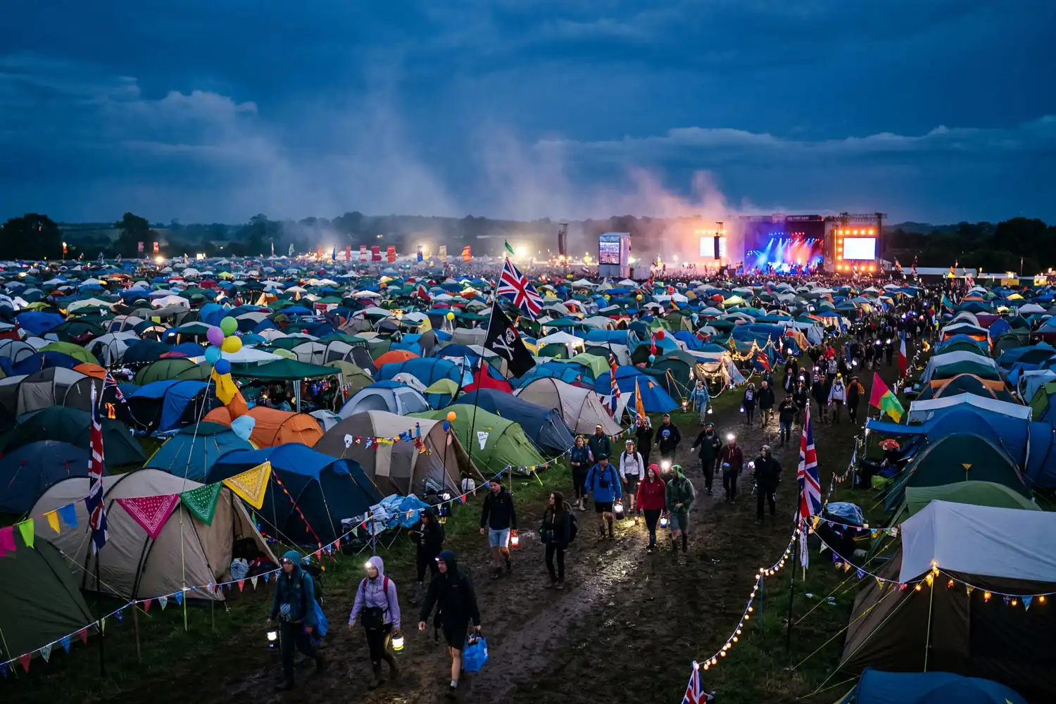 Festival camping field at dusk filled with tents, several flying bright bandanas and balloons on poles to mark their campsite