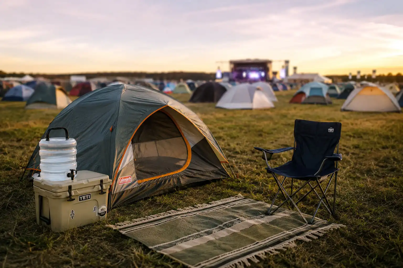 Two-person dome tent pitched at a festival campsite next to a hard cooler, folding chair, and water jug at golden hour