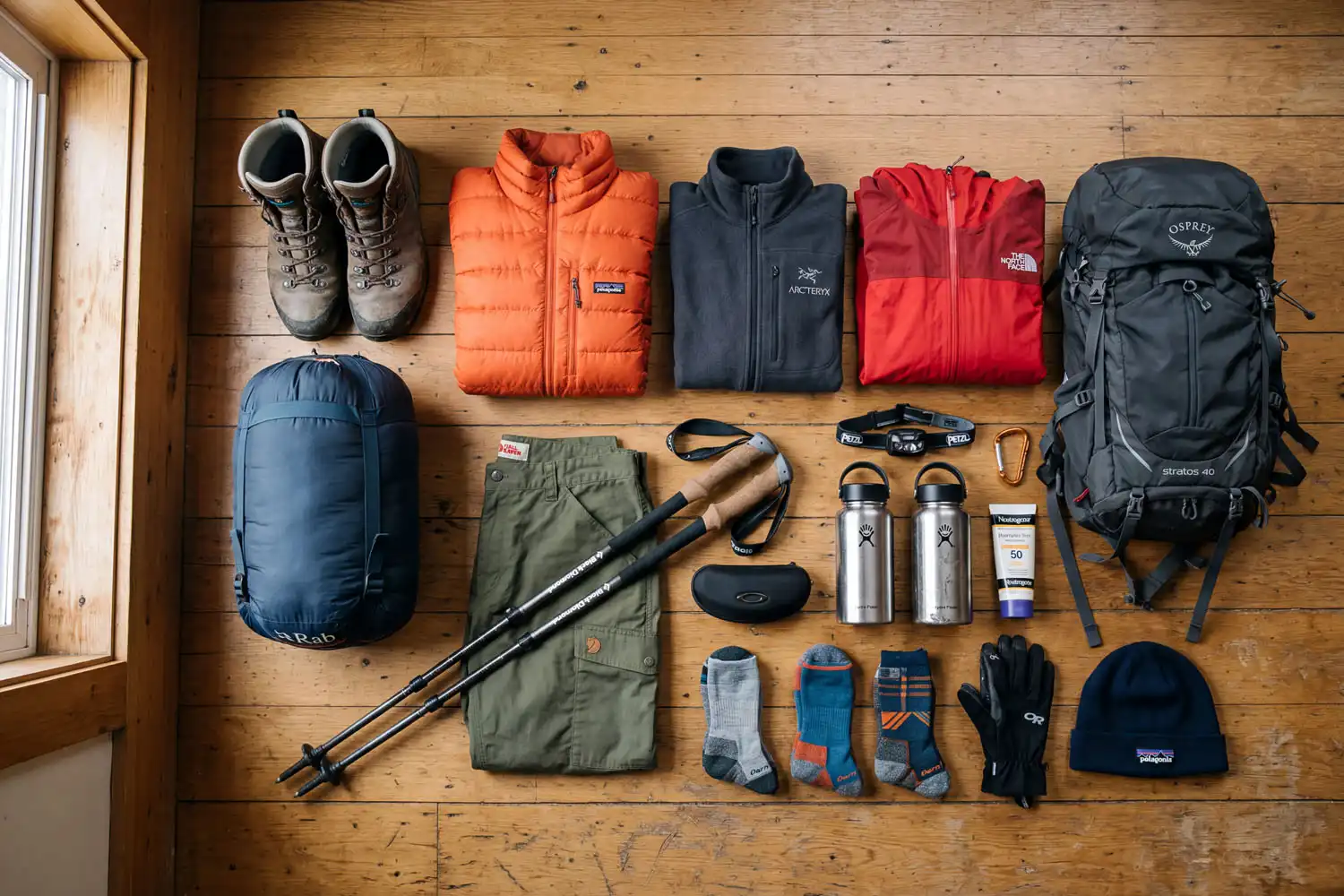 Flat lay of hiking boots, sleeping bag, down jacket, trekking poles, headlamp, and water bottle laid out for a Nepal base camp trek